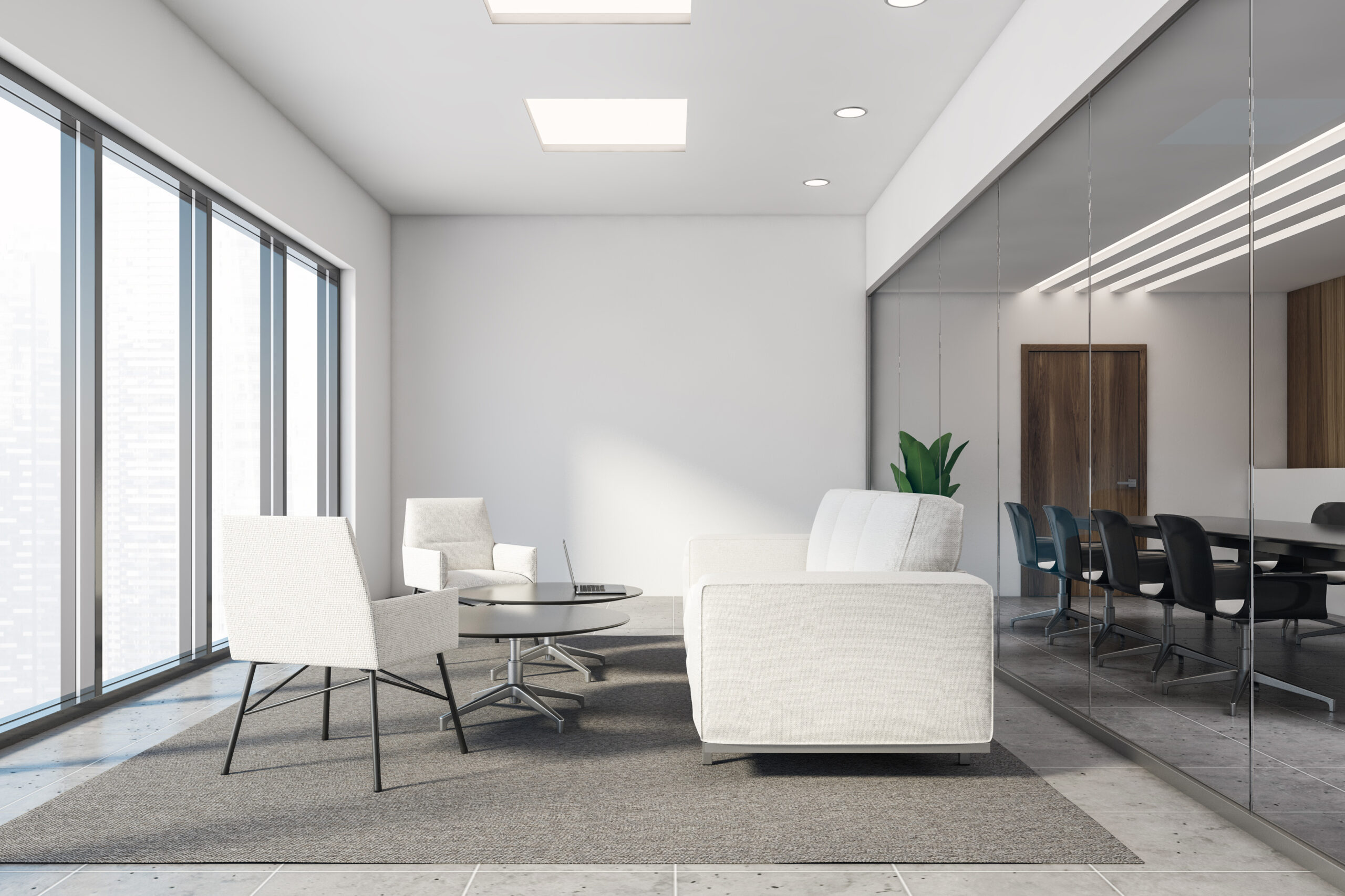 Office lounge with dark wooden and white walls, tiled floor, white sofa and armchairs and two round coffee tables with laptop standing on the carpet. Conference room next to it. 3d rendering